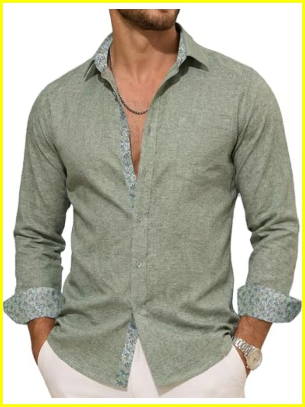 Men's Linen Blend Button Down Shirt Floral Resort Casual